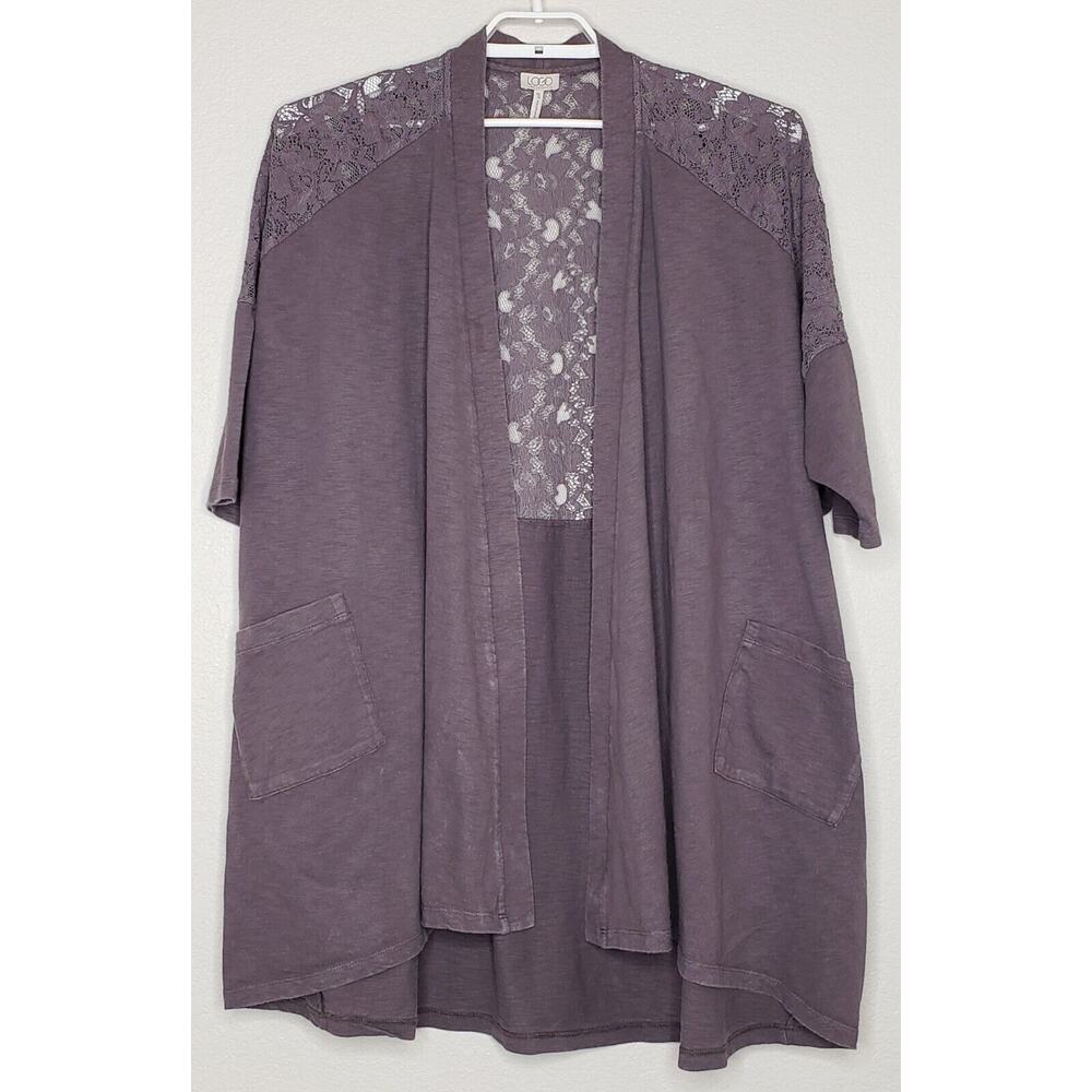 LOGO Women's Tunic Cardigan XL / 1X‎ Dark Purple Open Front 3/4 Sleeve Pockets